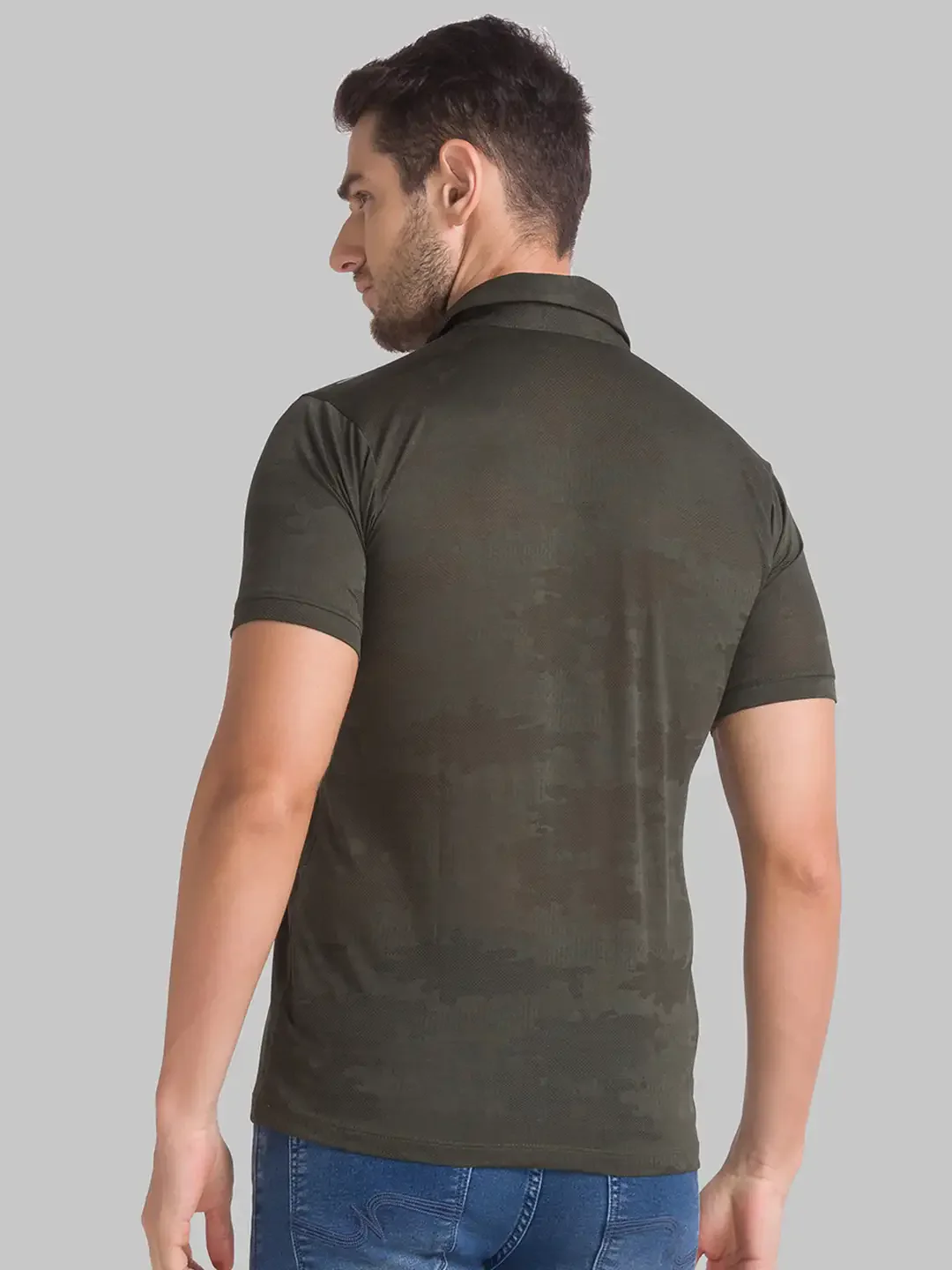 Men Green Regular Fit Jacquard Polyester Round Neck Collar Polo T-Shirt - Image 4