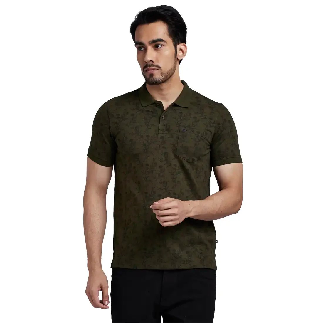 Men Green Regular Fit Print Cotton Polyester Blend Round Neck Collar Polo T-Shirt