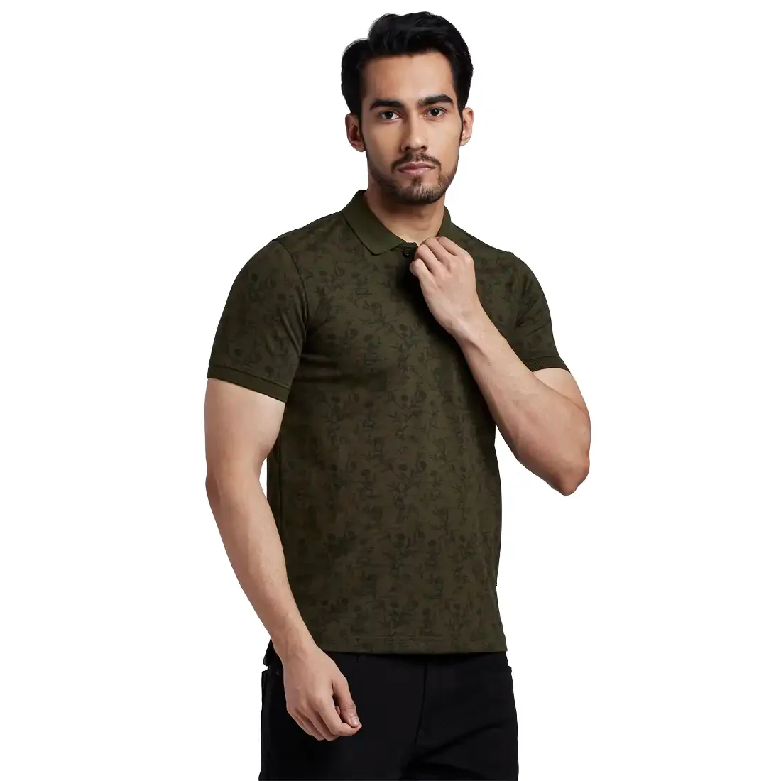 Men Green Regular Fit Print Cotton Polyester Blend Round Neck Collar Polo T-Shirt - Image 2