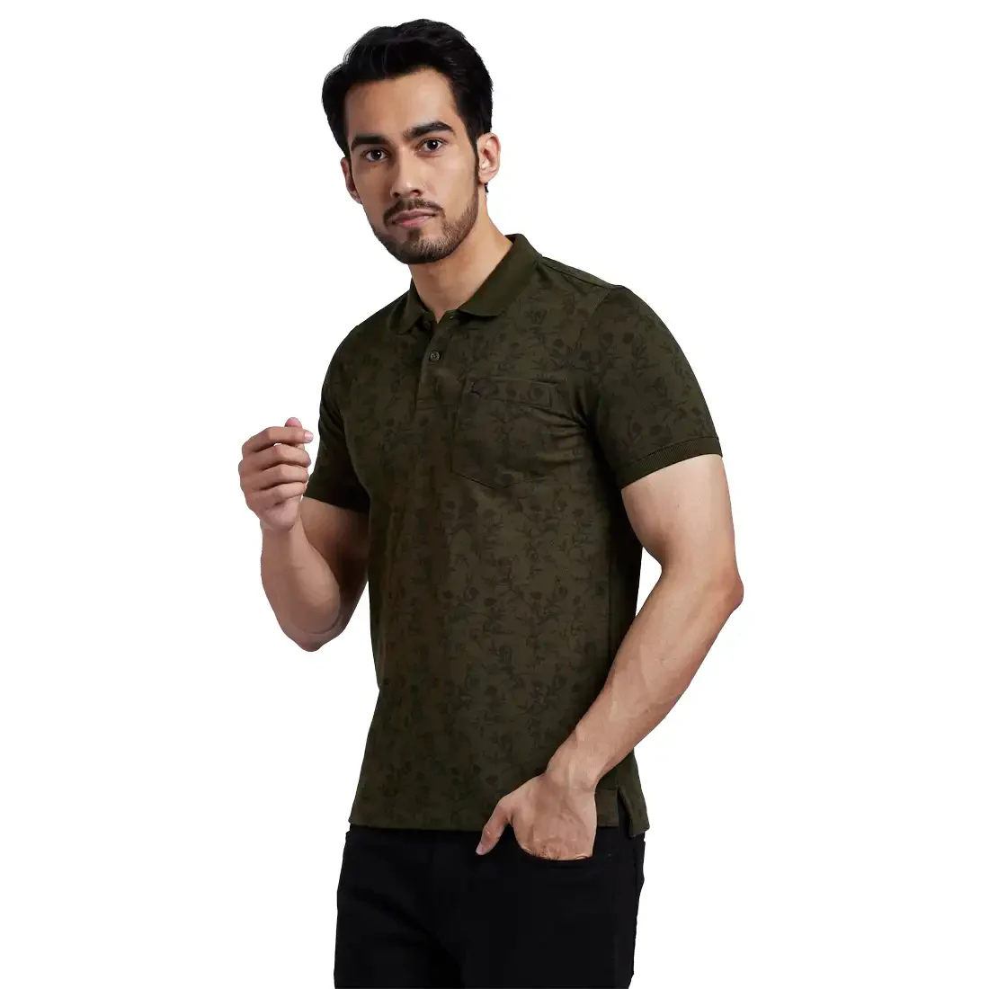 Men Green Regular Fit Print Cotton Polyester Blend Round Neck Collar Polo T-Shirt - Image 3