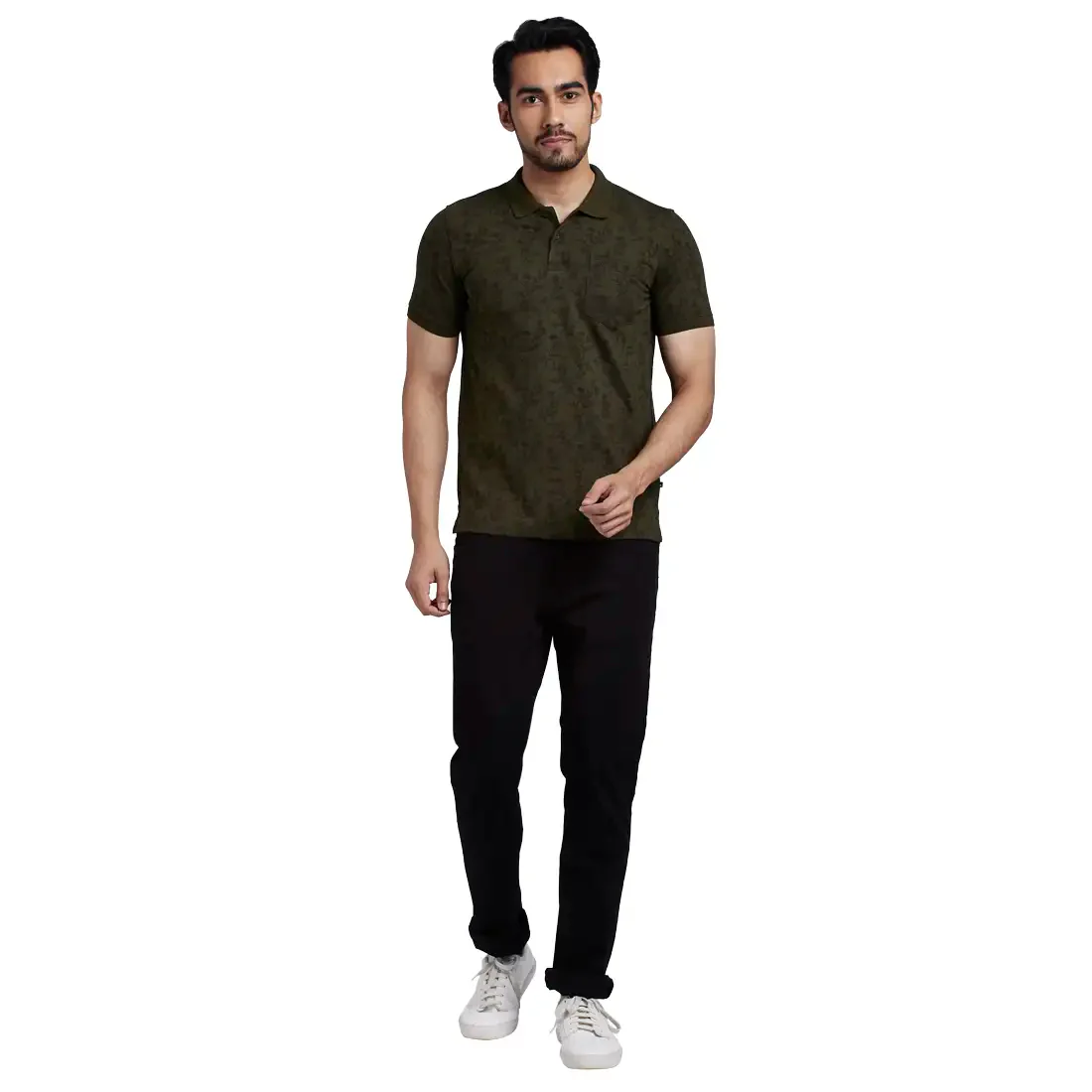 Men Green Regular Fit Print Cotton Polyester Blend Round Neck Collar Polo T-Shirt - Image 5