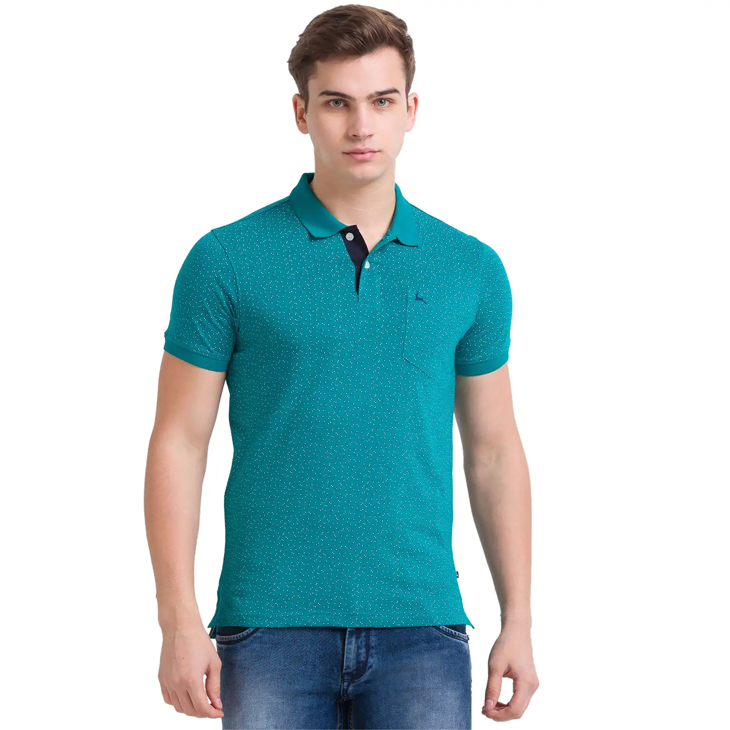 Men Green Regular Fit Print Cotton Round Neck Collar Polo T-Shirt