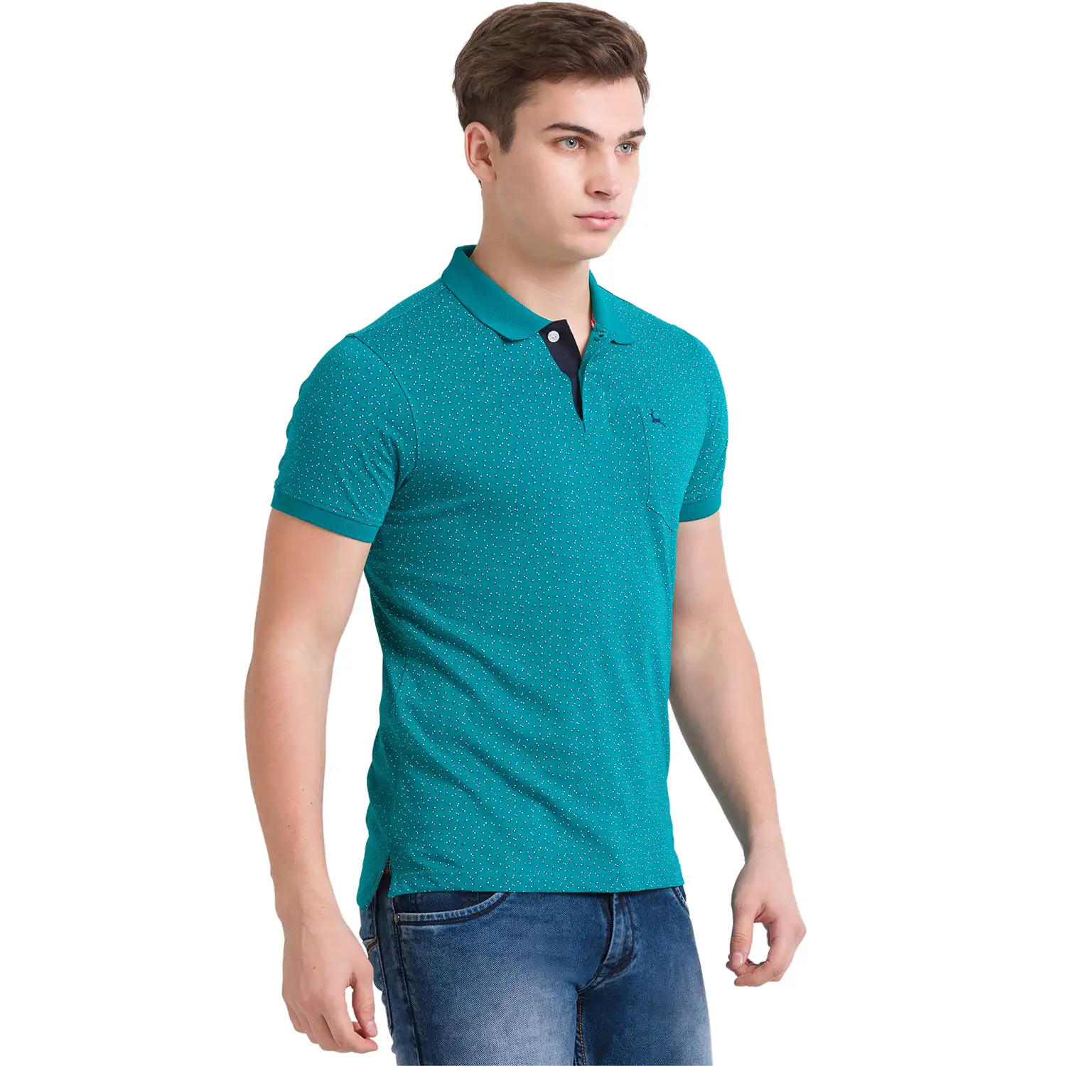 Men Green Regular Fit Print Cotton Round Neck Collar Polo T-Shirt - Image 2