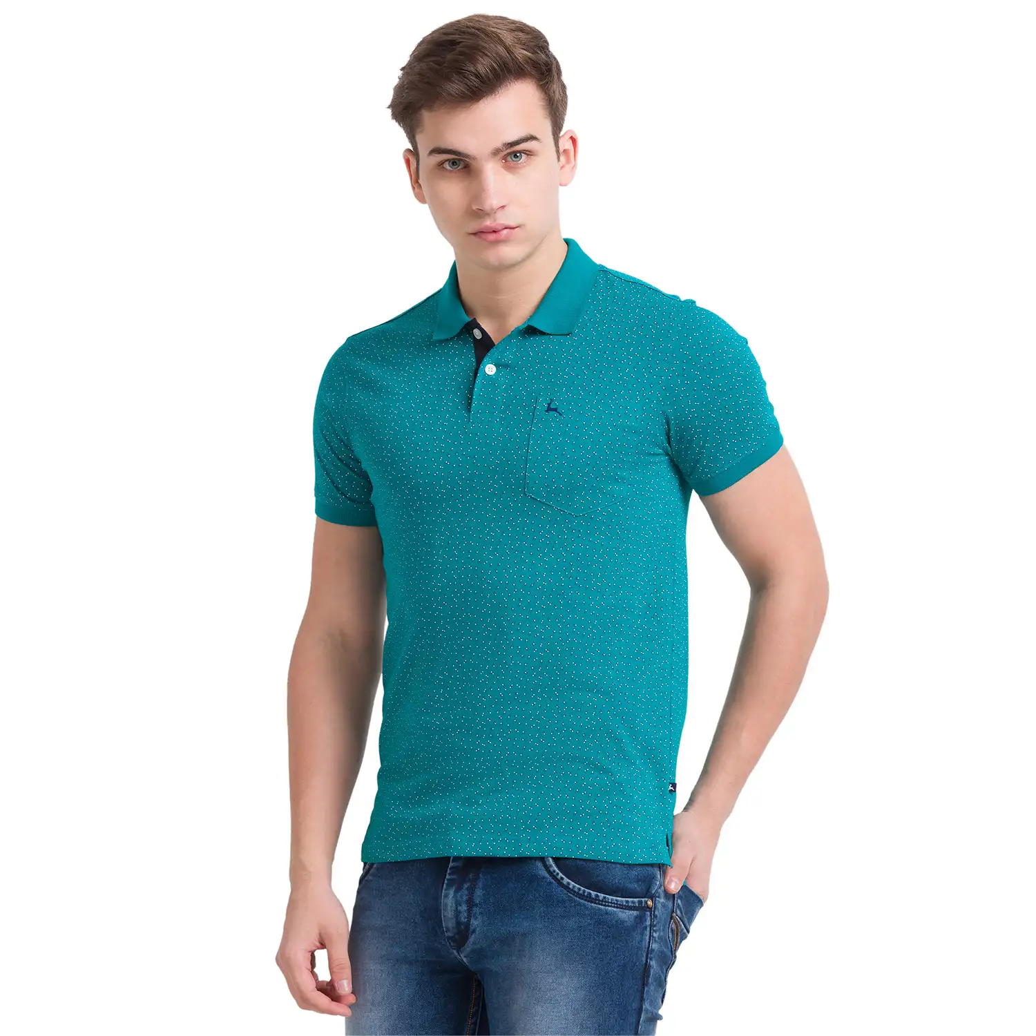 Men Green Regular Fit Print Cotton Round Neck Collar Polo T-Shirt - Image 3