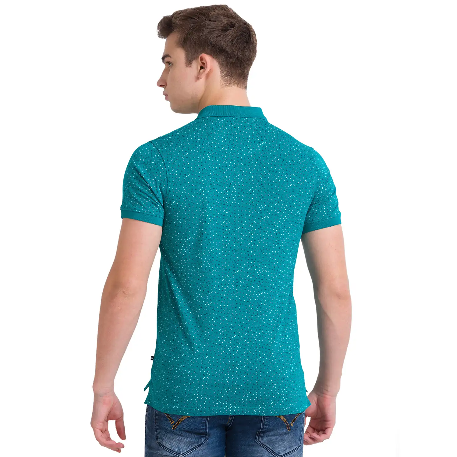 Men Green Regular Fit Print Cotton Round Neck Collar Polo T-Shirt - Image 4
