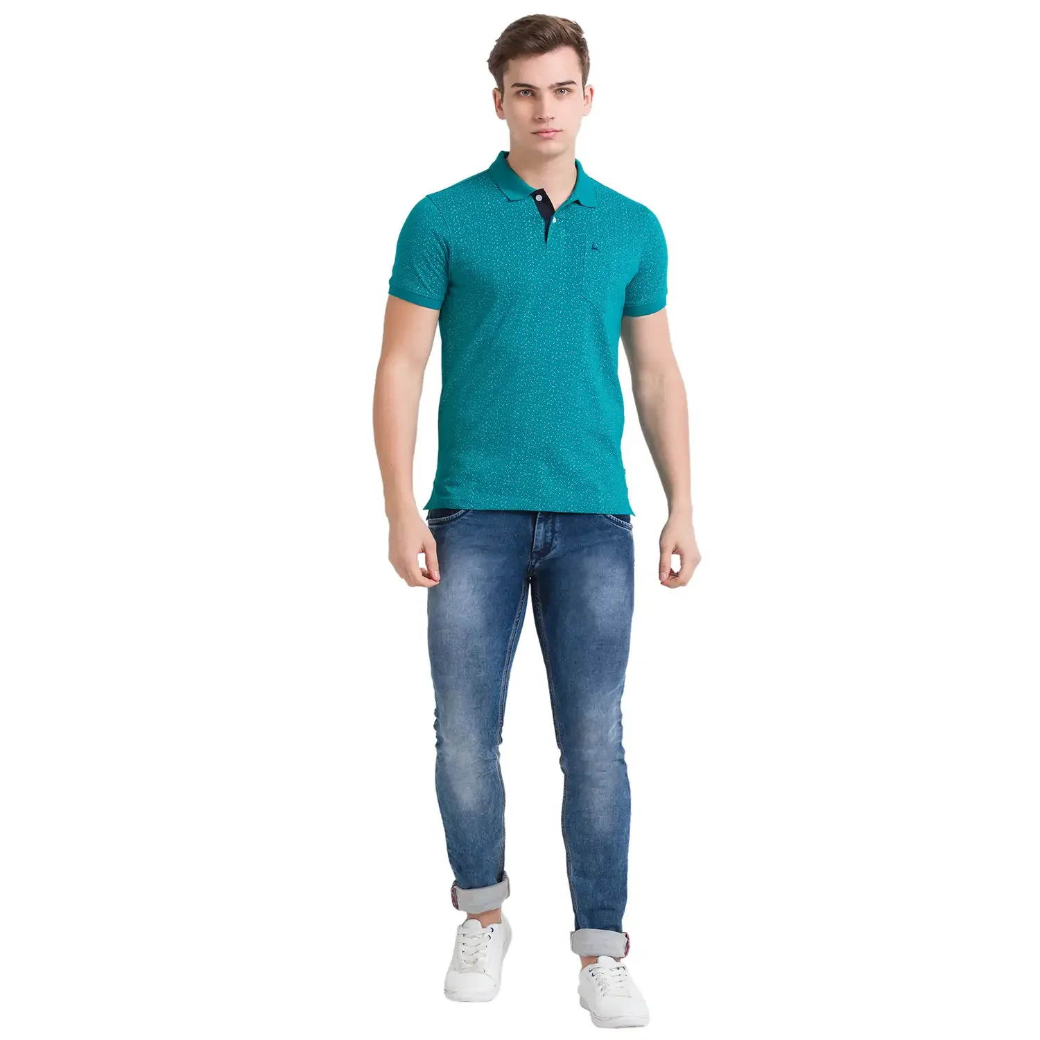 Men Green Regular Fit Print Cotton Round Neck Collar Polo T-Shirt - Image 5