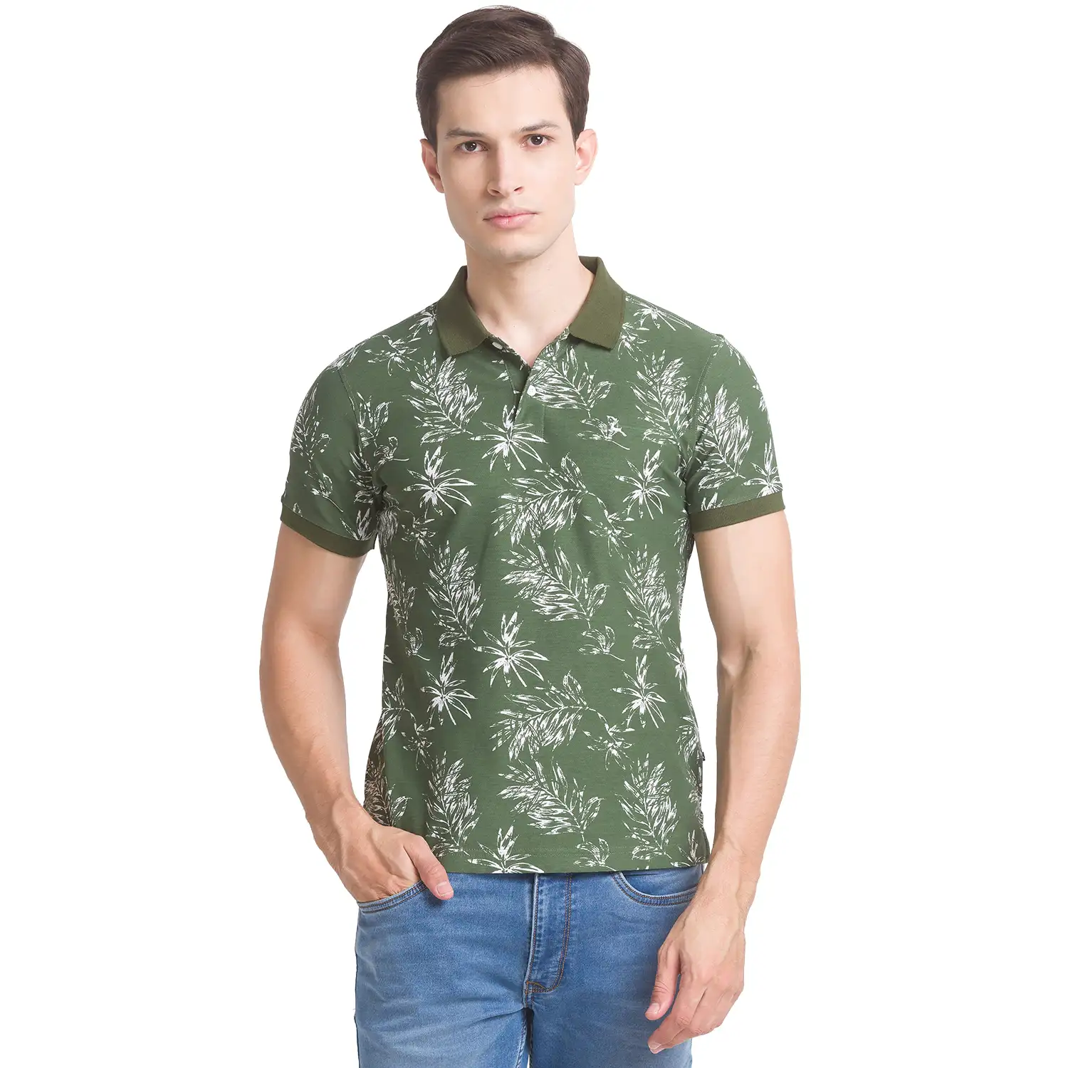 Men Green Regular Fit Print Cotton Round Neck Collar Polo T-Shirt