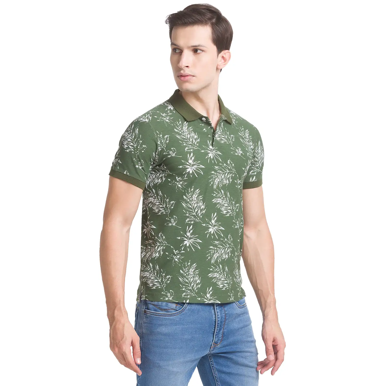 Men Green Regular Fit Print Cotton Round Neck Collar Polo T-Shirt - Image 2