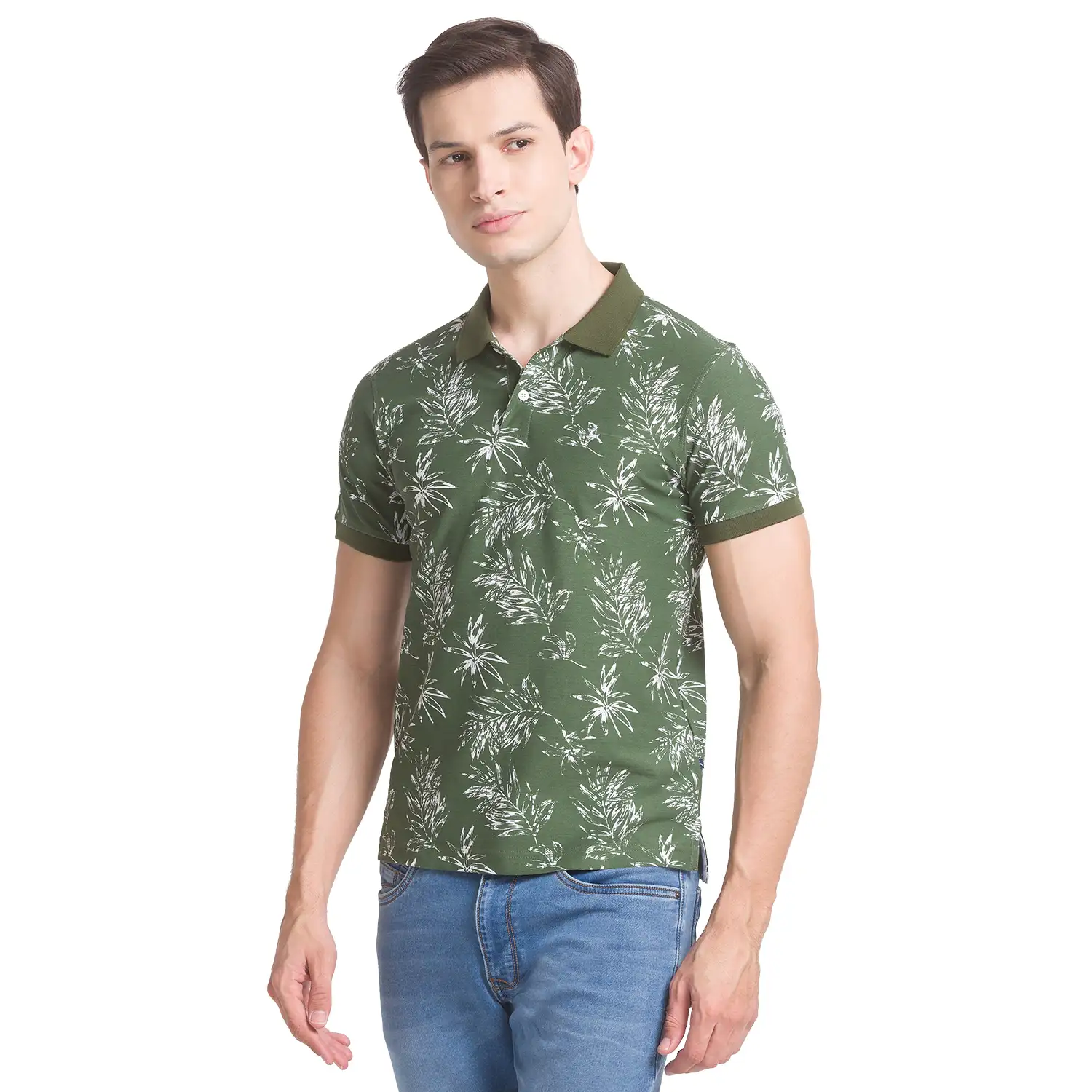 Men Green Regular Fit Print Cotton Round Neck Collar Polo T-Shirt - Image 3