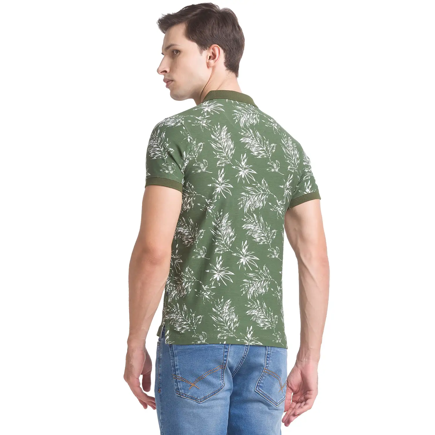 Men Green Regular Fit Print Cotton Round Neck Collar Polo T-Shirt - Image 4