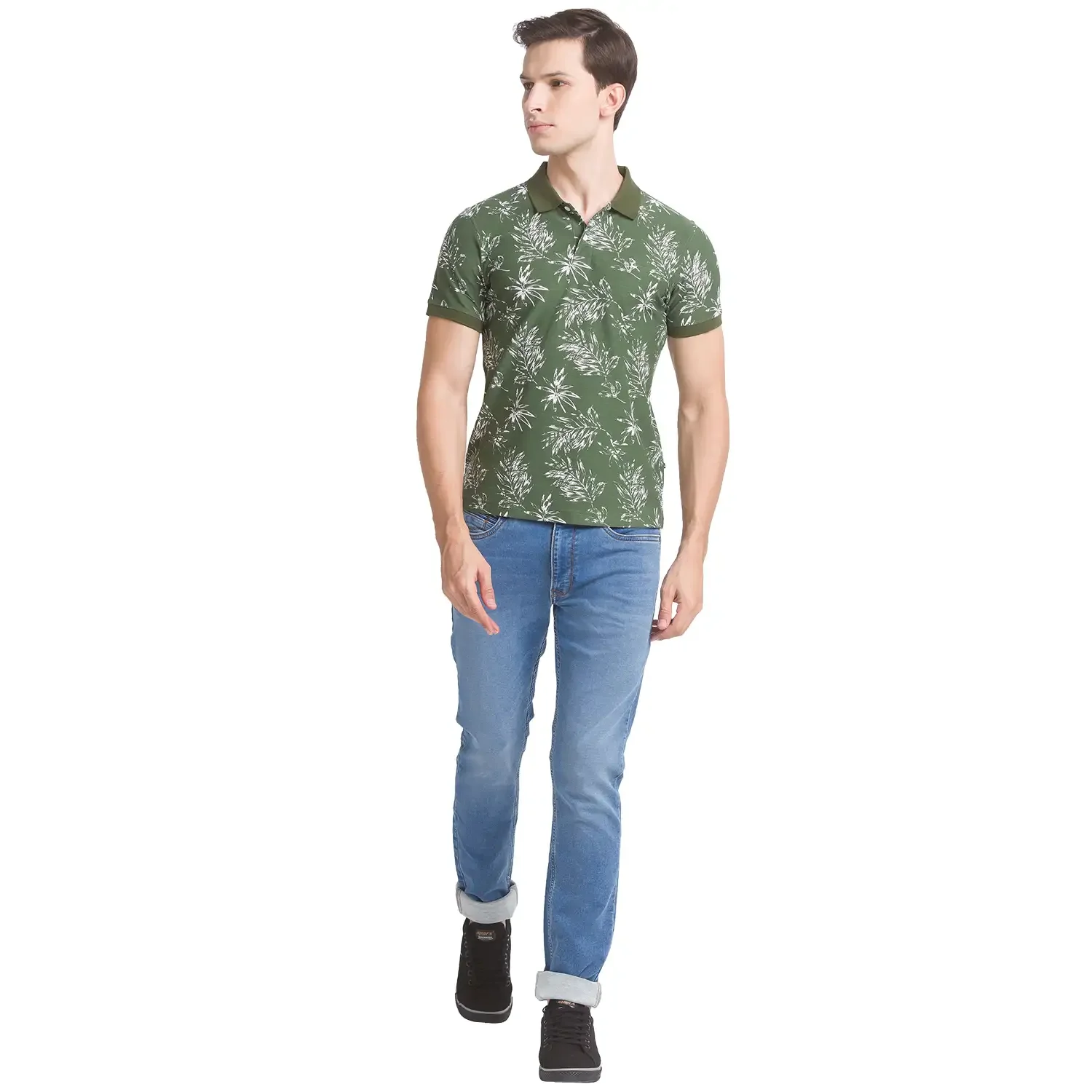 Men Green Regular Fit Print Cotton Round Neck Collar Polo T-Shirt - Image 5