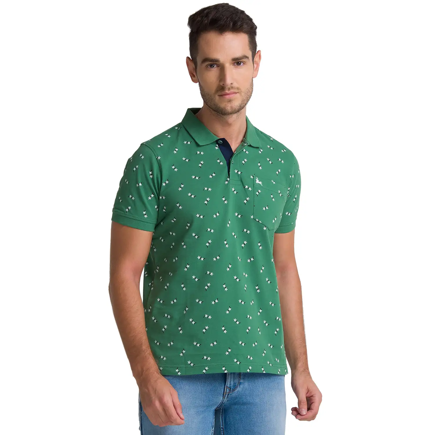 Men Green Regular Fit Print Cotton Round Neck Collar Polo T-Shirt