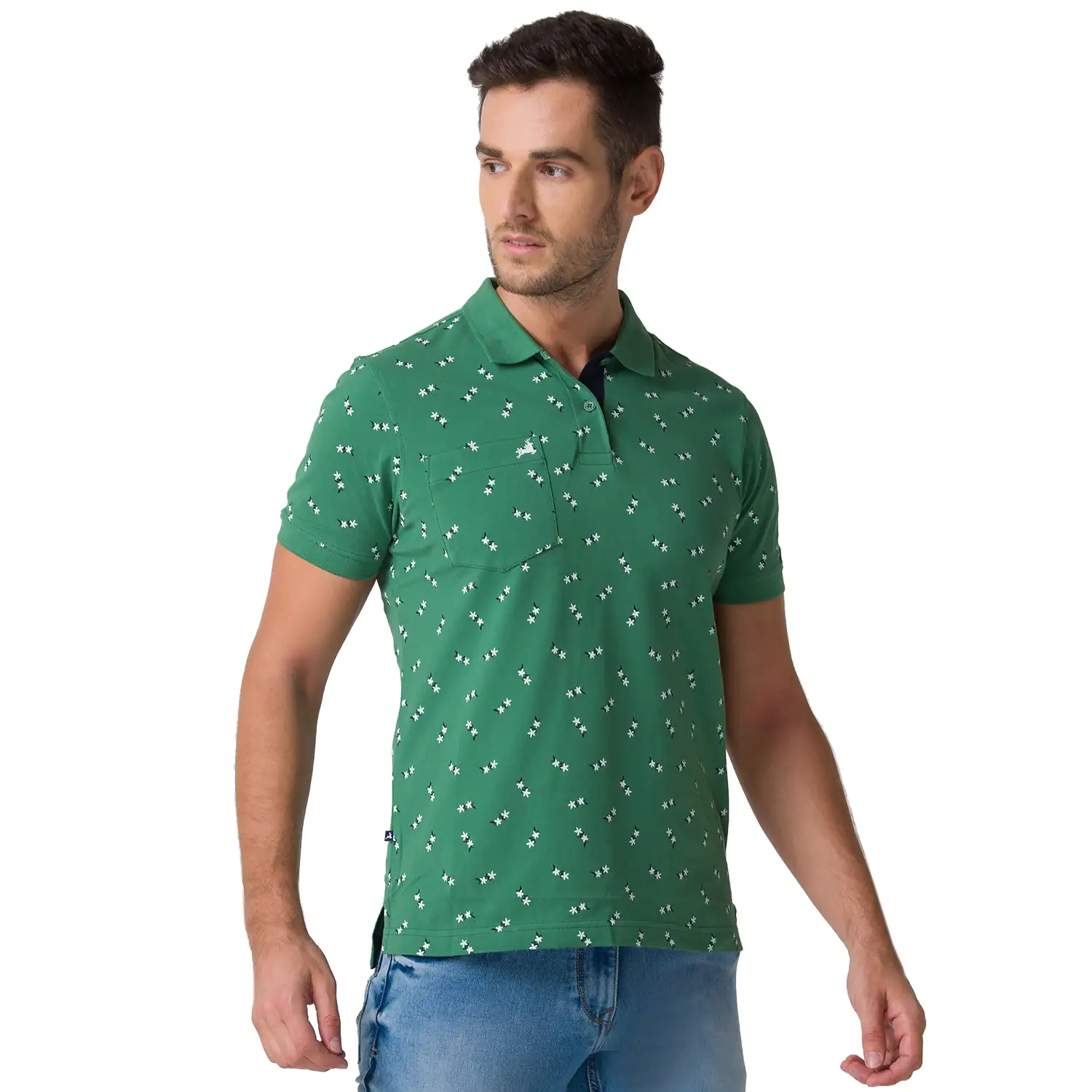Men Green Regular Fit Print Cotton Round Neck Collar Polo T-Shirt - Image 2