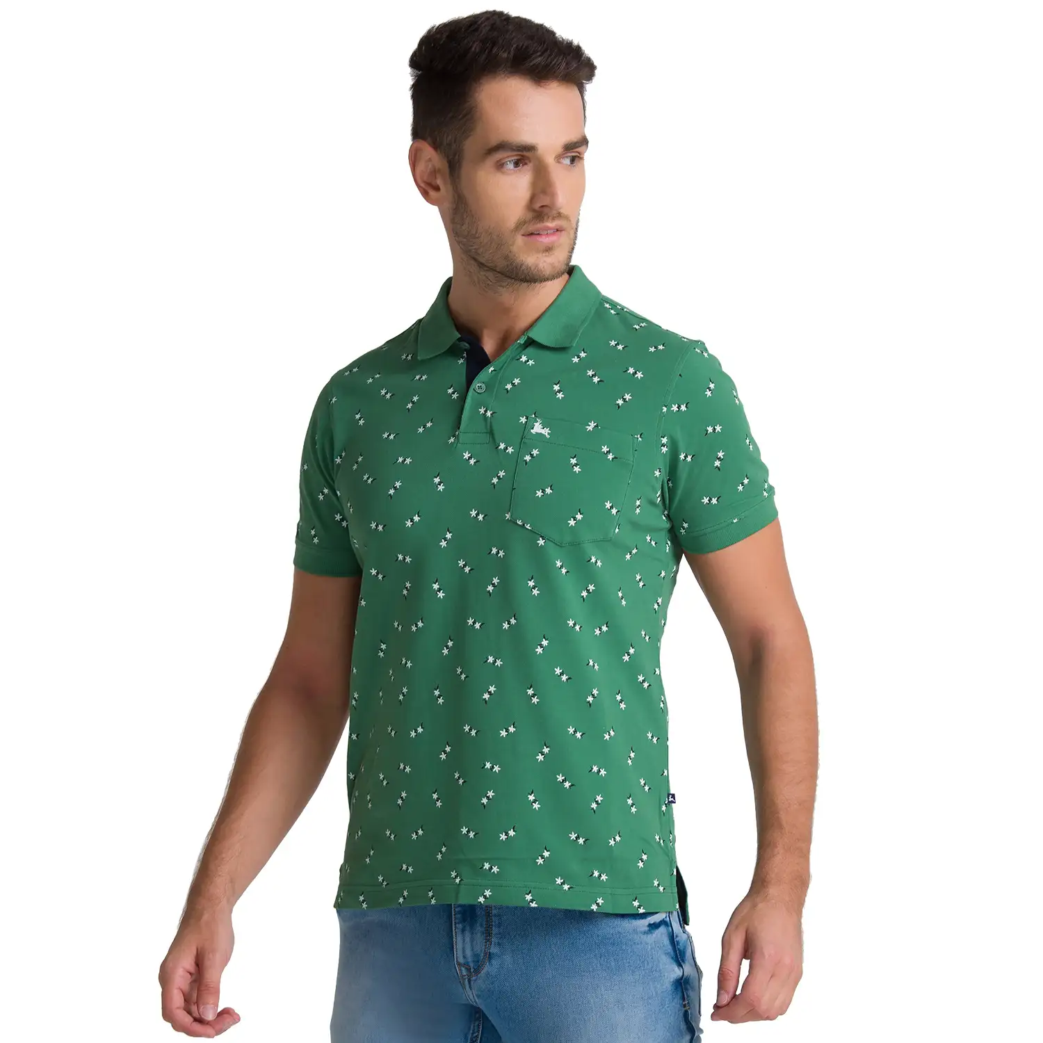 Men Green Regular Fit Print Cotton Round Neck Collar Polo T-Shirt - Image 3