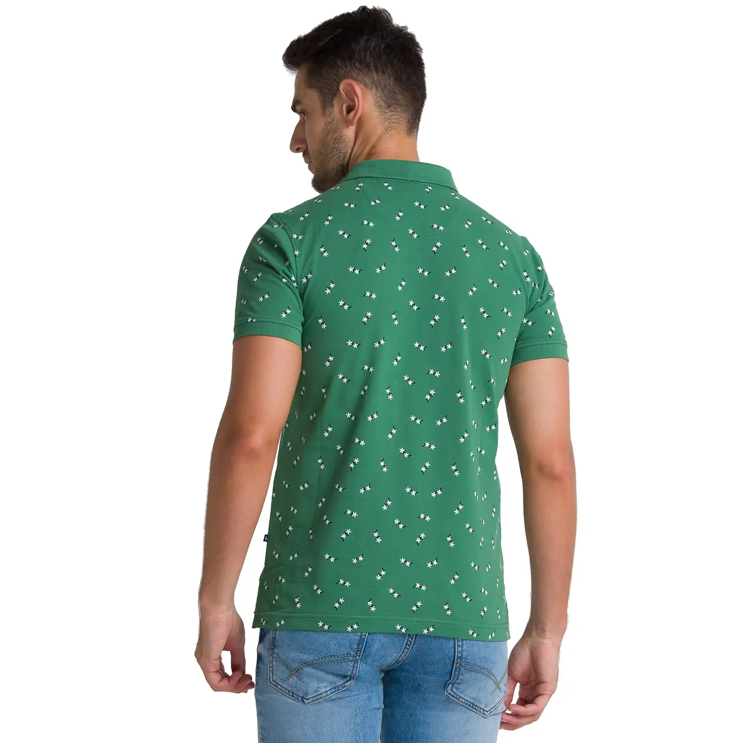Men Green Regular Fit Print Cotton Round Neck Collar Polo T-Shirt - Image 4
