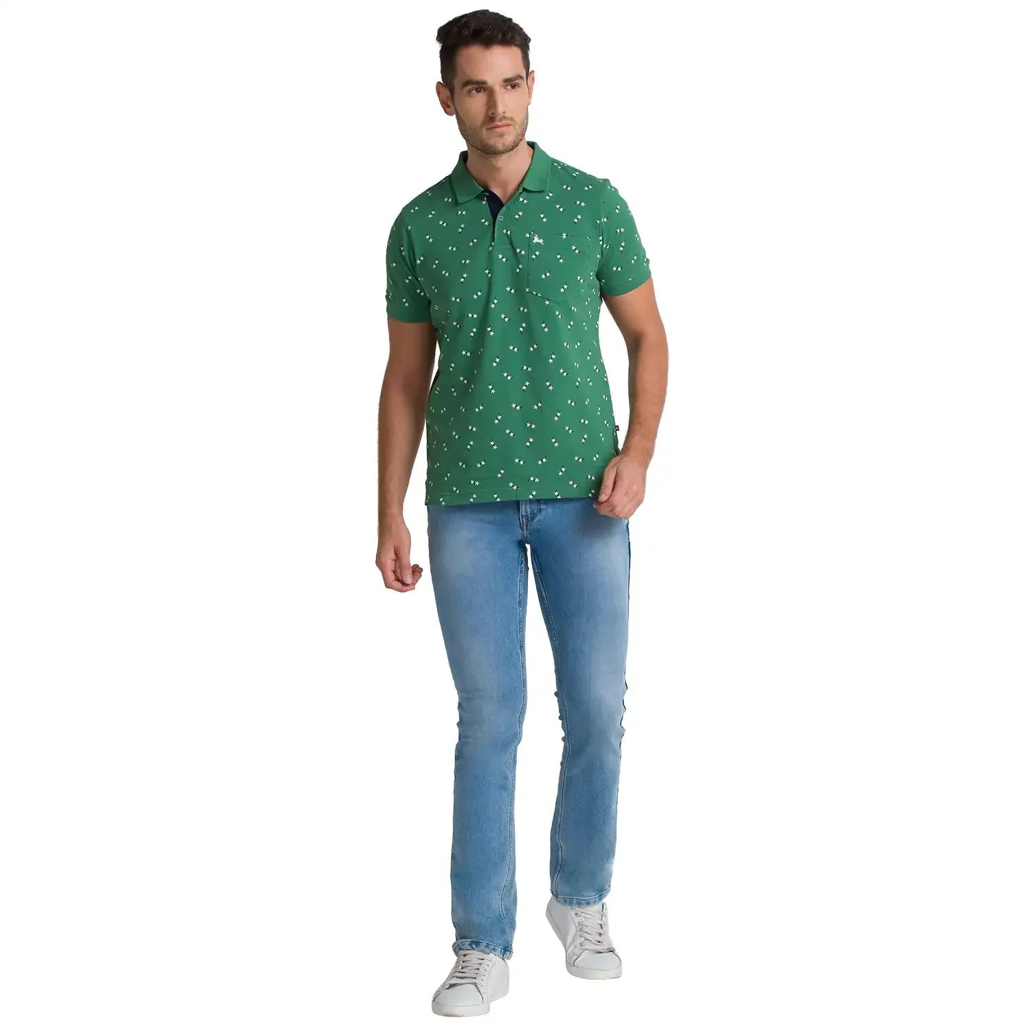 Men Green Regular Fit Print Cotton Round Neck Collar Polo T-Shirt - Image 5