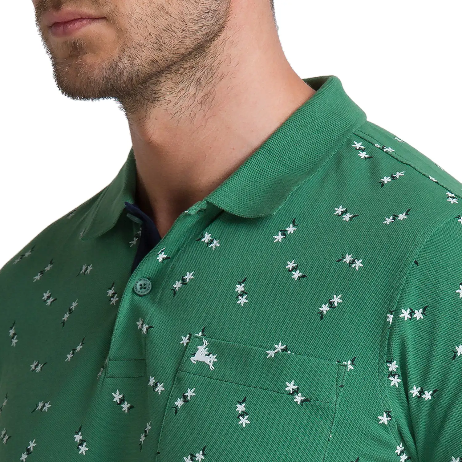 Men Green Regular Fit Print Cotton Round Neck Collar Polo T-Shirt - Image 6