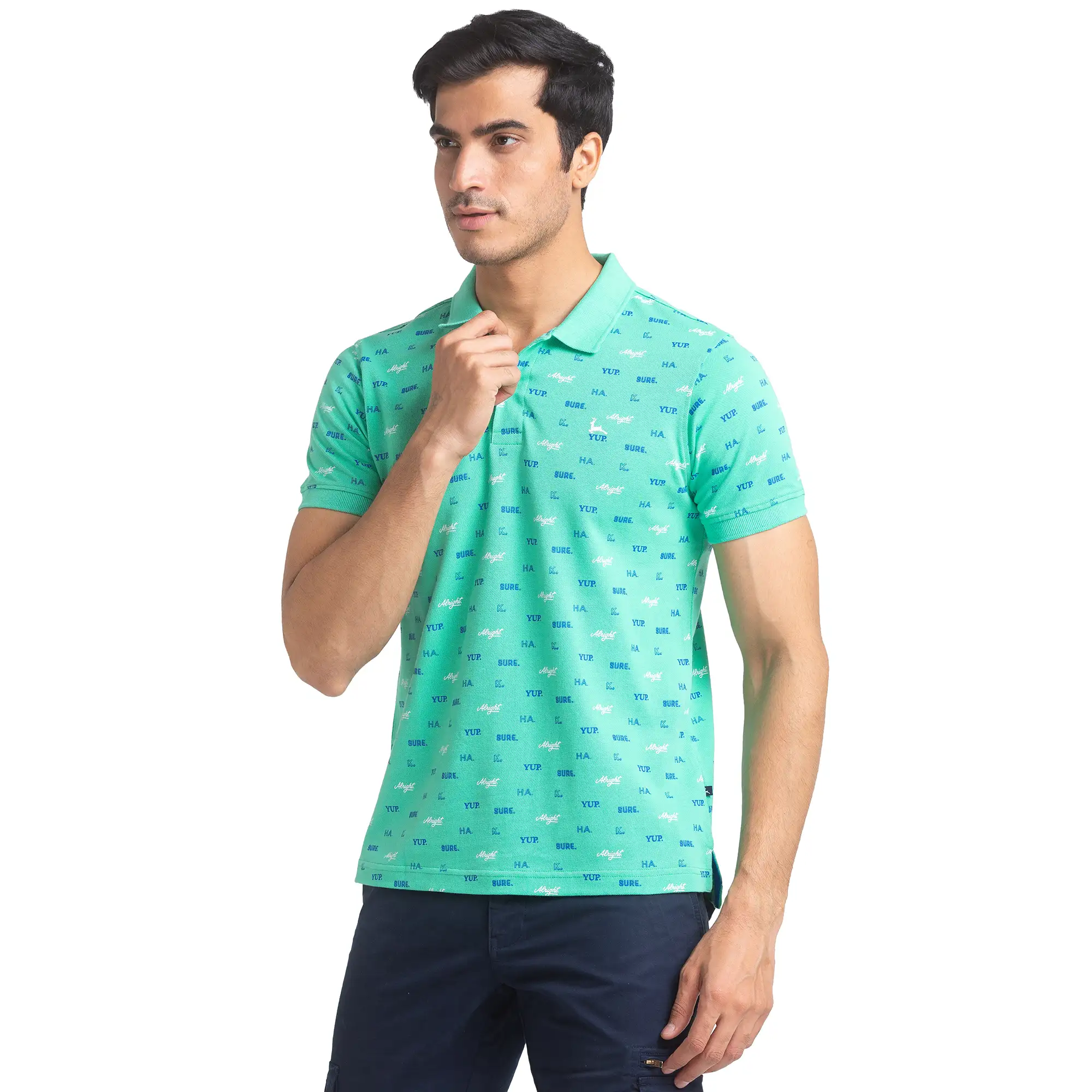 Men Green Regular Fit Print Cotton Round Neck Collar Polo T-Shirt - Image 3