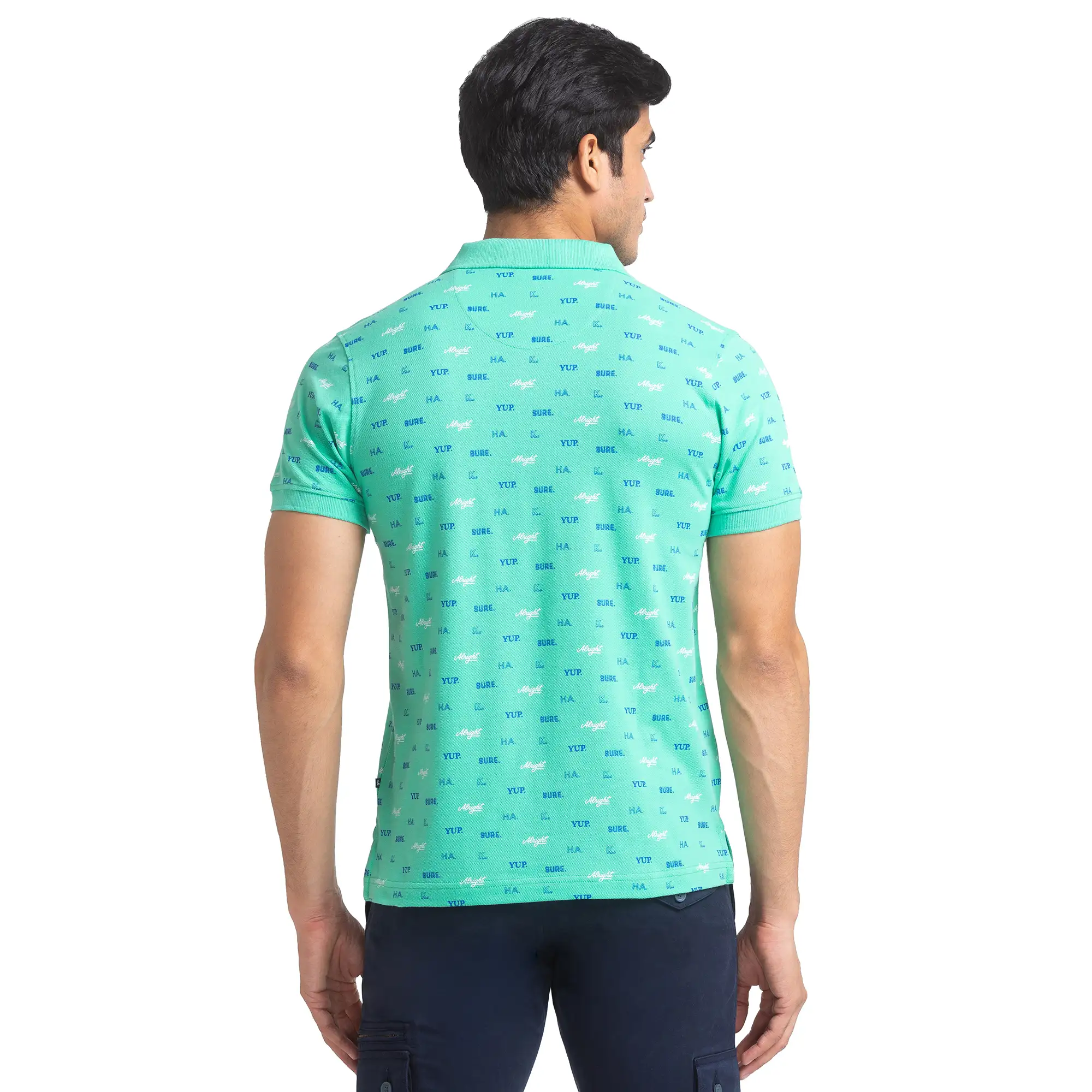 Men Green Regular Fit Print Cotton Round Neck Collar Polo T-Shirt - Image 4