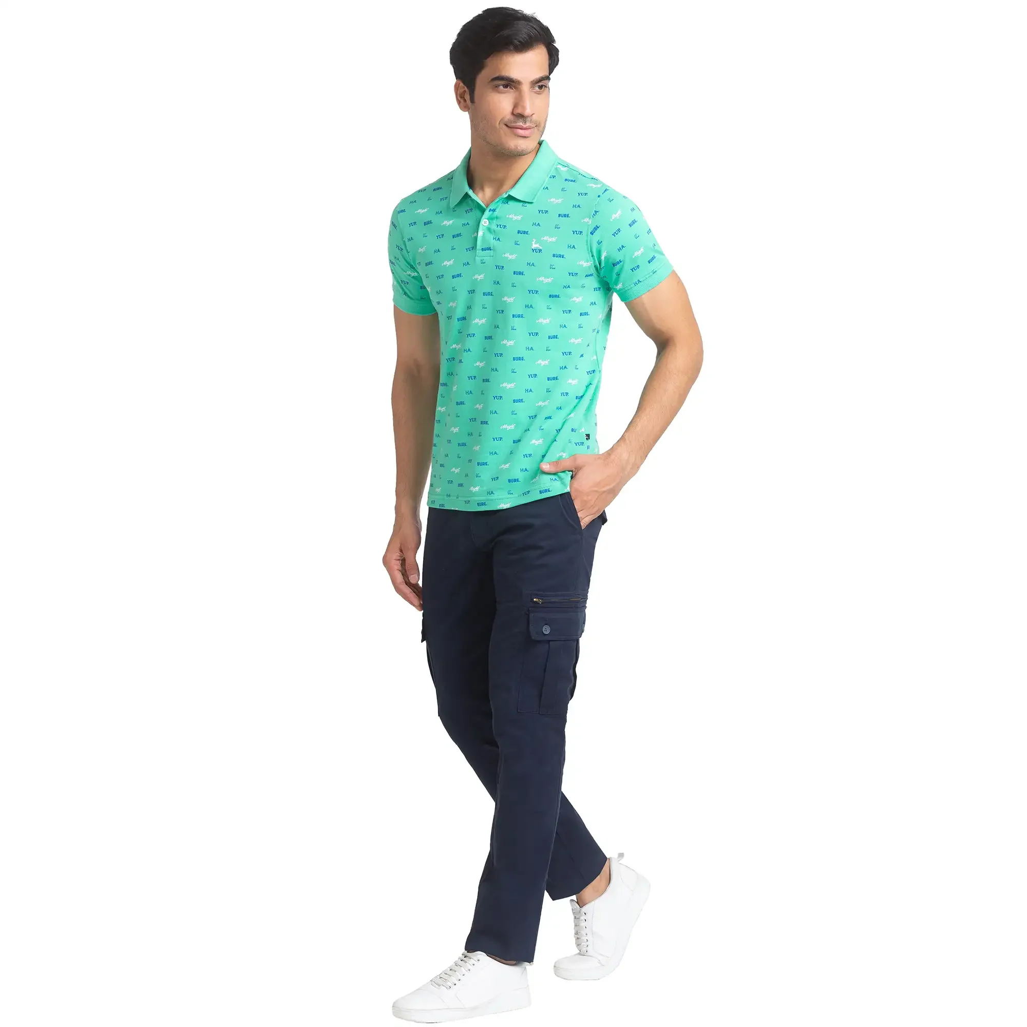 Men Green Regular Fit Print Cotton Round Neck Collar Polo T-Shirt - Image 5