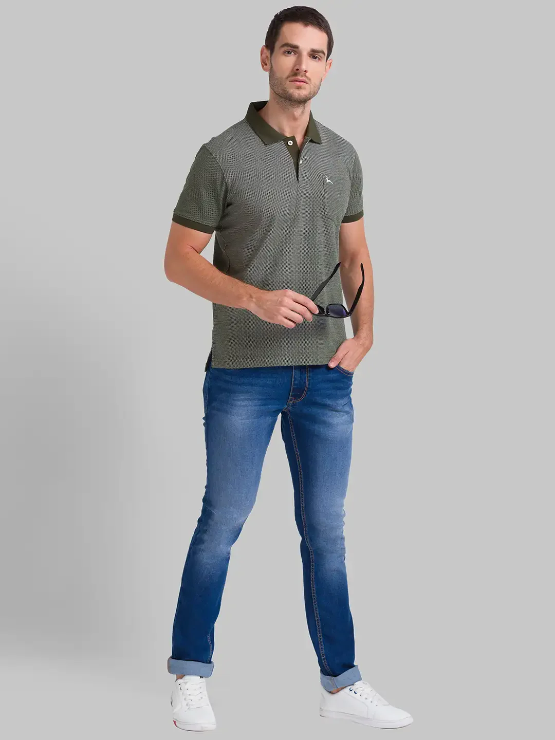 Men Green Regular Fit Print Cotton Round Neck Collar Polo T-Shirt - Image 5