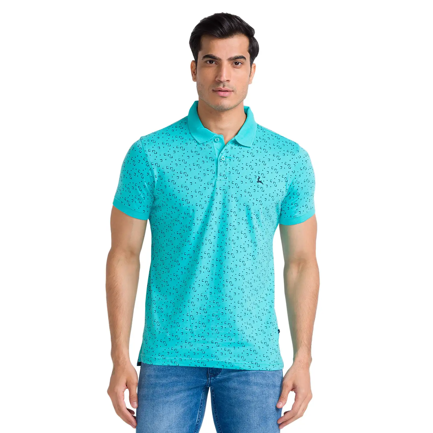 Men Green Regular Fit Print Cotton Round Neck Collar Polo T-Shirt