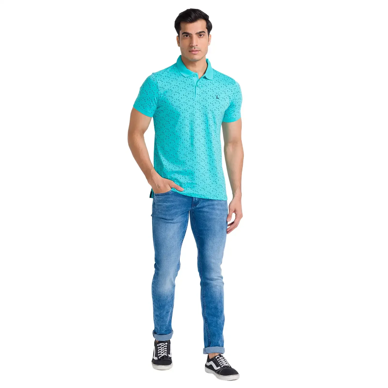 Men Green Regular Fit Print Cotton Round Neck Collar Polo T-Shirt - Image 5