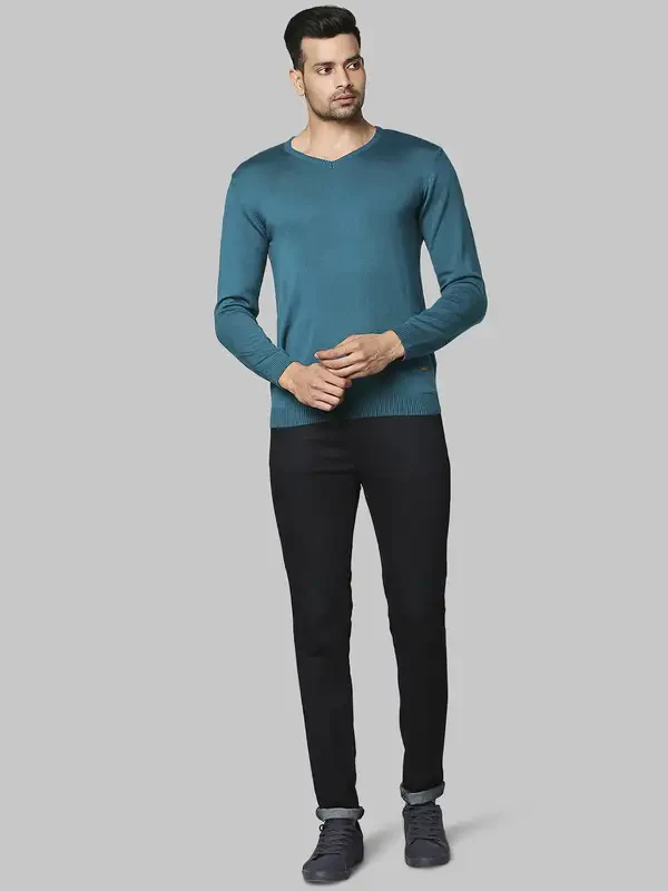 Men Green Regular Fit Solid Acrylic Full Sleeve V Neck Collar Sweaters - Image 5