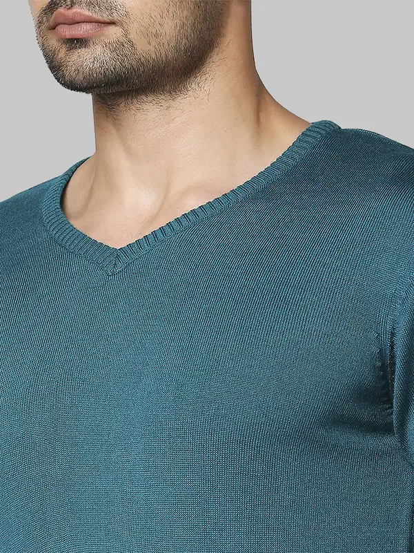 Men Green Regular Fit Solid Acrylic Full Sleeve V Neck Collar Sweaters - Image 6