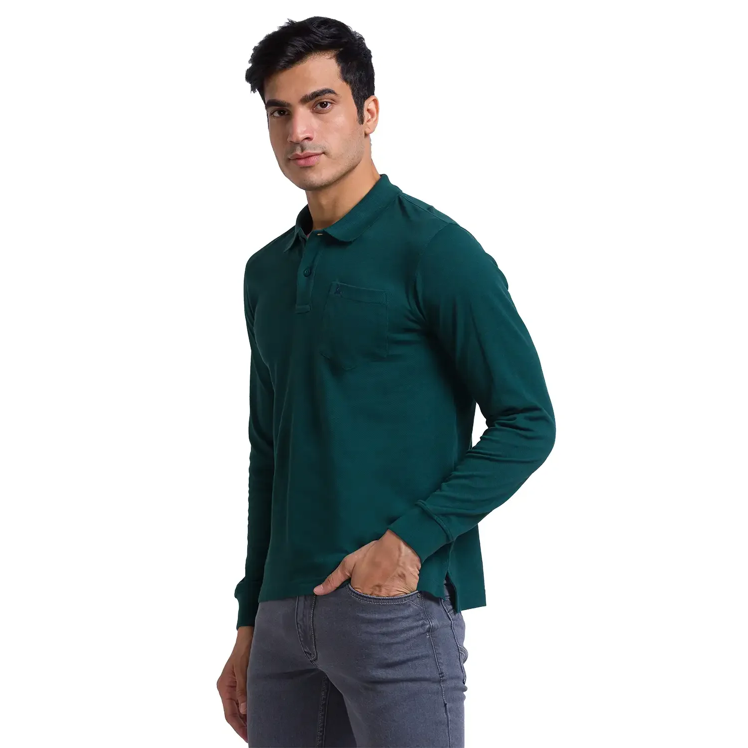 Men Green Regular Fit Solid Cotton Full Sleeve Round Neck Collar Polo T-Shirt - Image 3