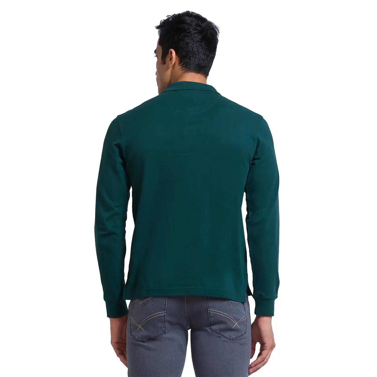 Men Green Regular Fit Solid Cotton Full Sleeve Round Neck Collar Polo T-Shirt - Image 4