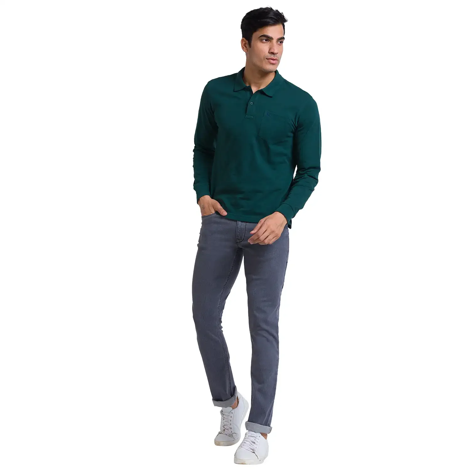 Men Green Regular Fit Solid Cotton Full Sleeve Round Neck Collar Polo T-Shirt - Image 5