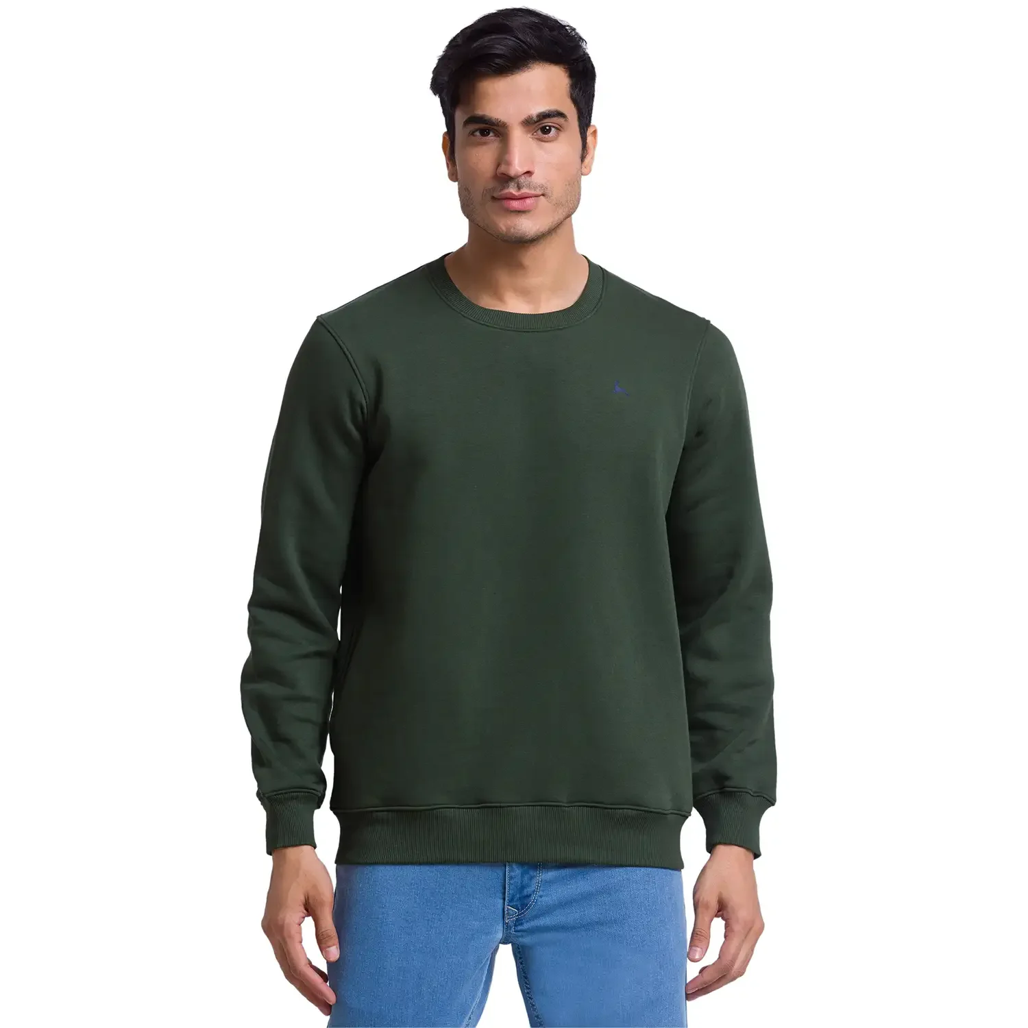 Men Green Regular Fit Solid Cotton Polyester Blend Round Collar Sweatshirts