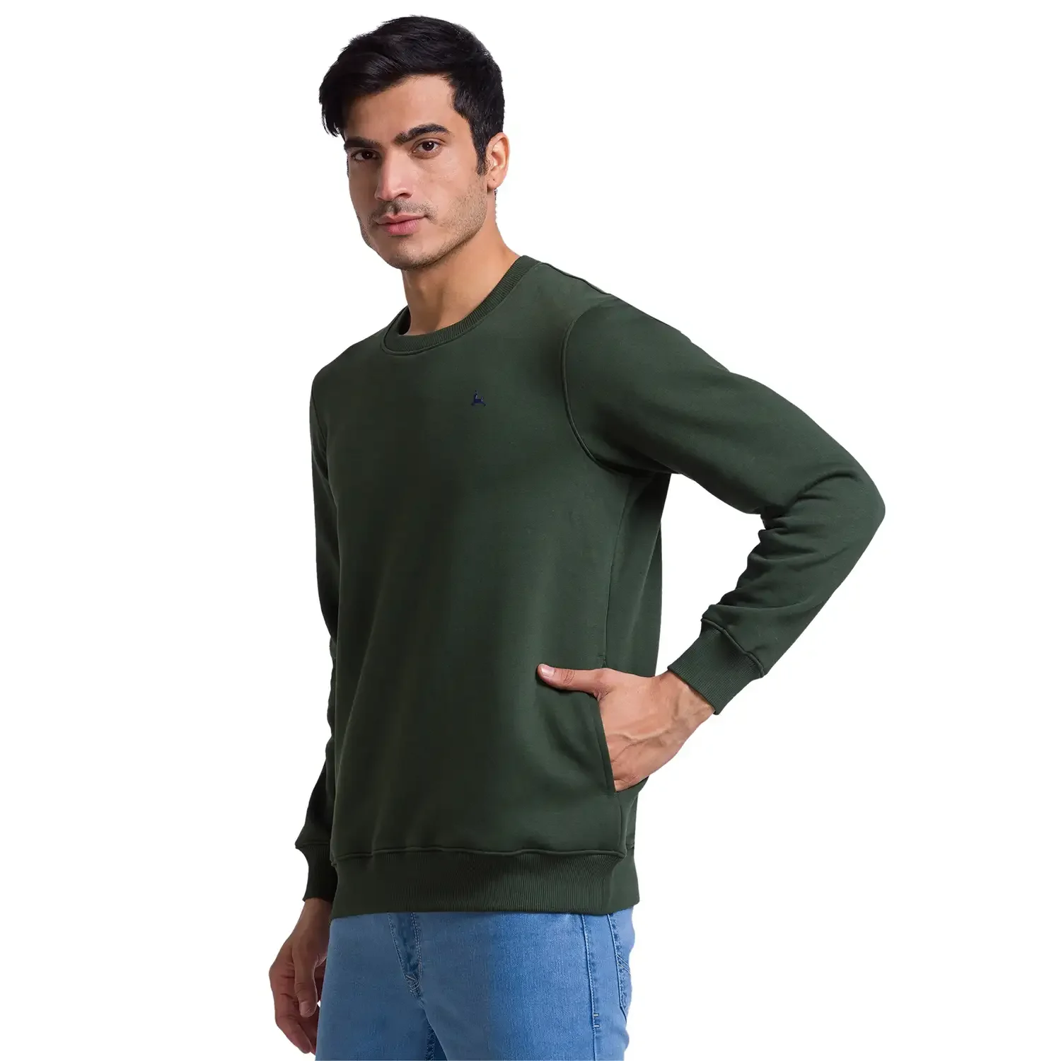 Men Green Regular Fit Solid Cotton Polyester Blend Round Collar Sweatshirts - Image 3