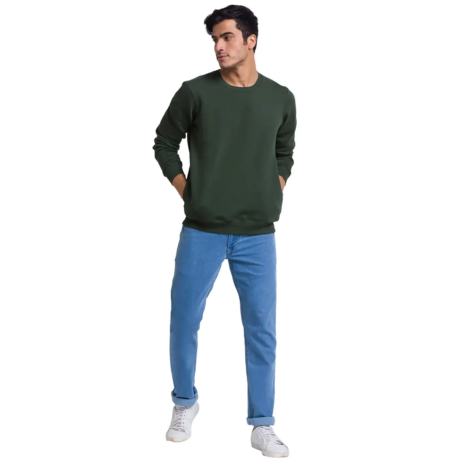 Men Green Regular Fit Solid Cotton Polyester Blend Round Collar Sweatshirts - Image 5