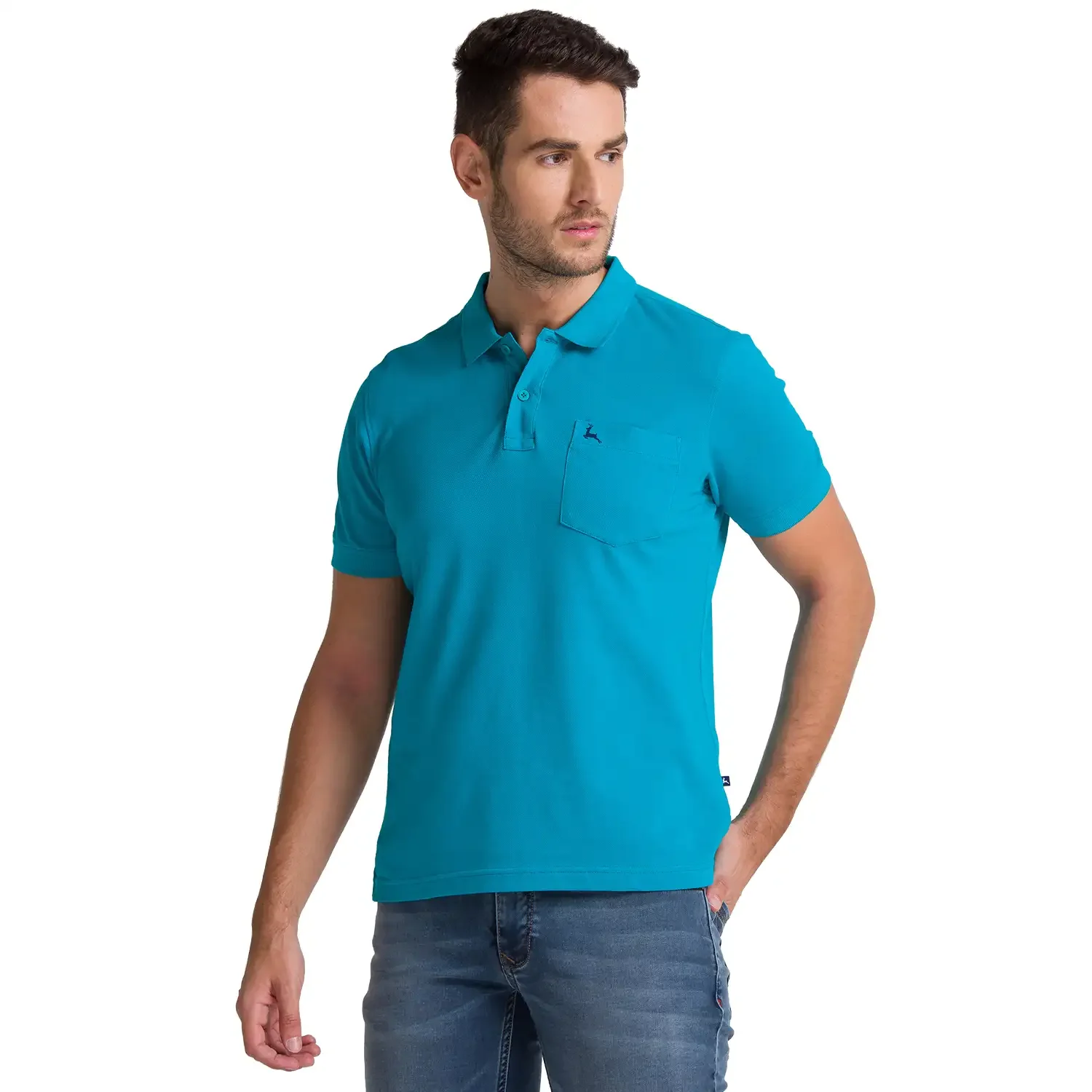Men Green Regular Fit Solid Cotton Round Neck Collar Polo T-Shirt - Image 3