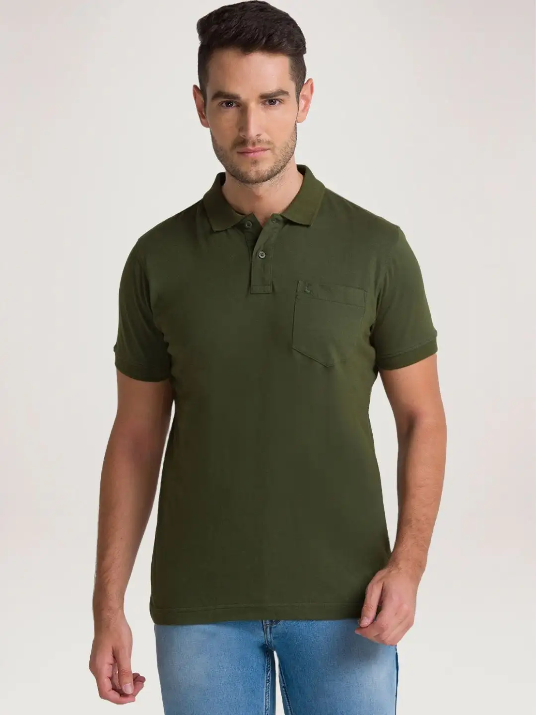 Men Green Regular Fit Solid Cotton Round Neck Collar Polo T-Shirt