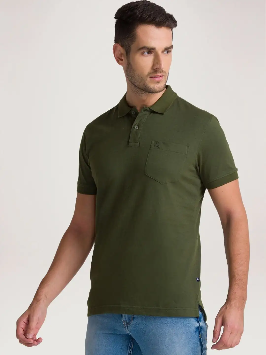 Men Green Regular Fit Solid Cotton Round Neck Collar Polo T-Shirt - Image 2