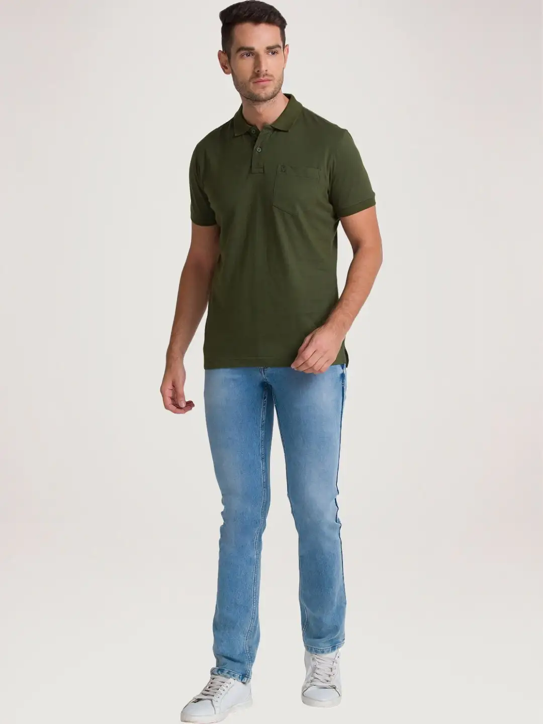 Men Green Regular Fit Solid Cotton Round Neck Collar Polo T-Shirt - Image 3