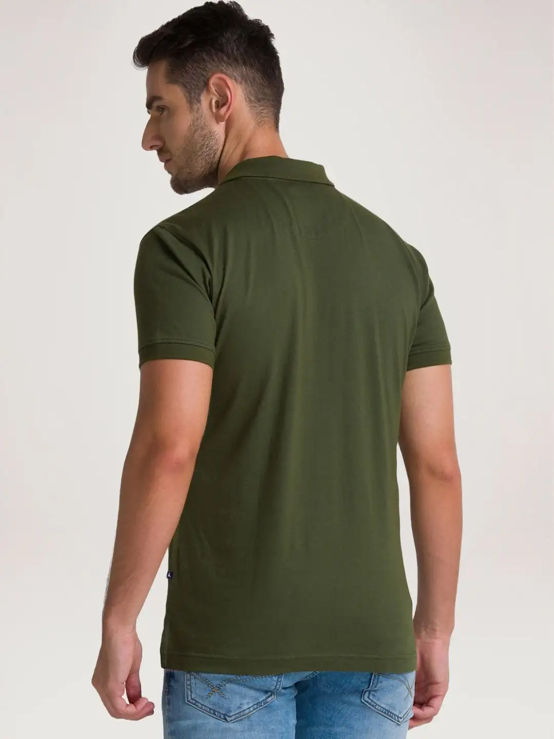 Men Green Regular Fit Solid Cotton Round Neck Collar Polo T-Shirt - Image 5