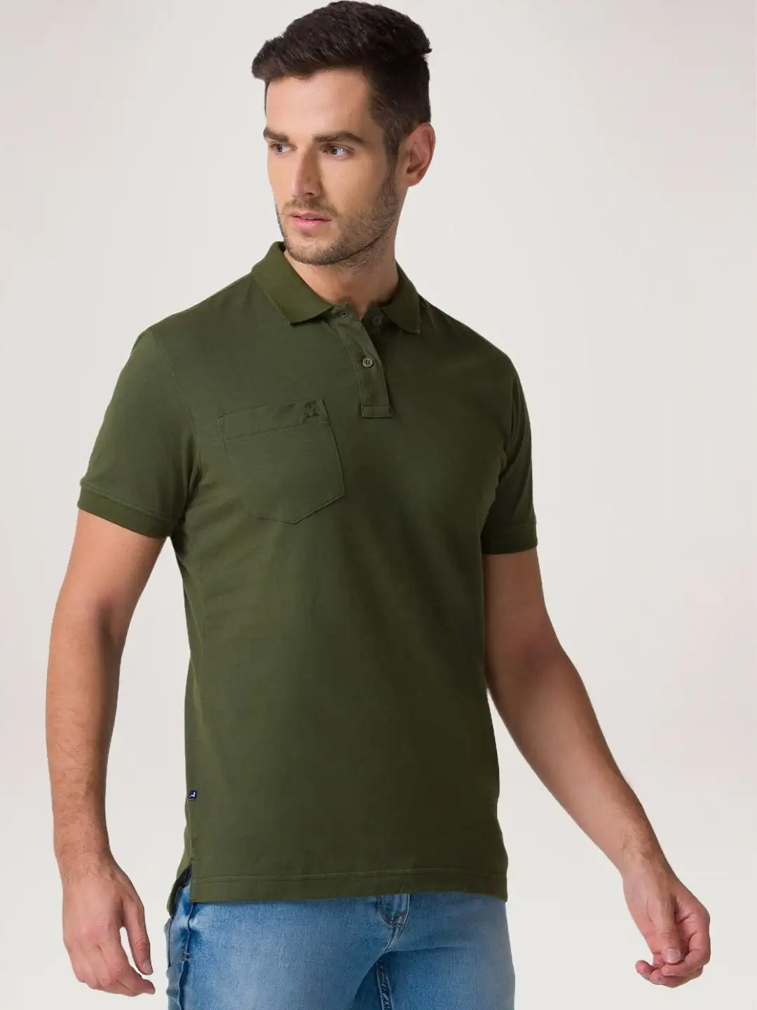 Men Green Regular Fit Solid Cotton Round Neck Collar Polo T-Shirt - Image 6