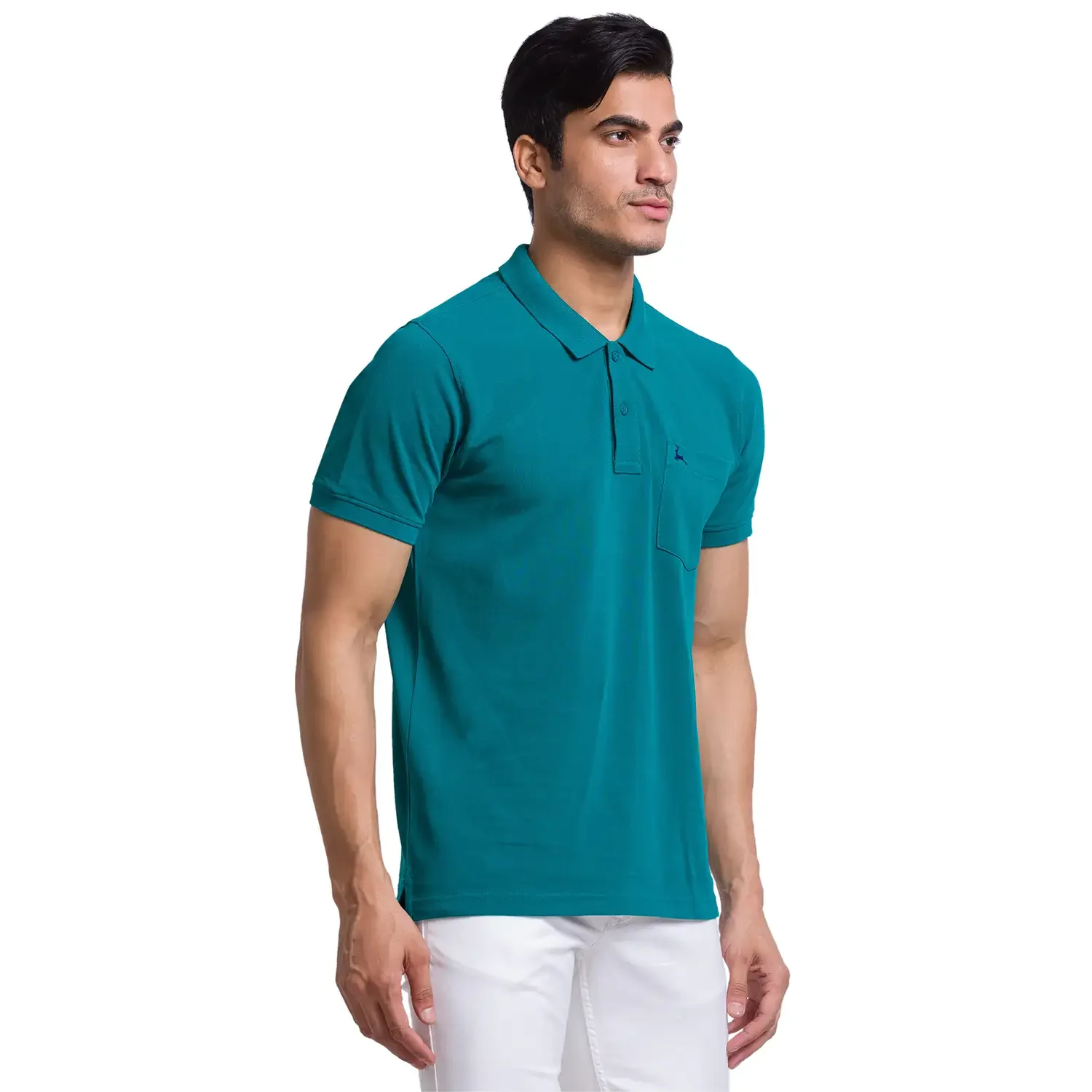 Men Green Regular Fit Solid Cotton Round Neck Collar Polo T-Shirt - Image 2