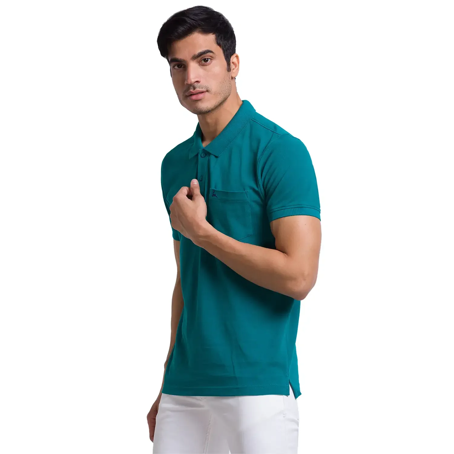 Men Green Regular Fit Solid Cotton Round Neck Collar Polo T-Shirt - Image 3