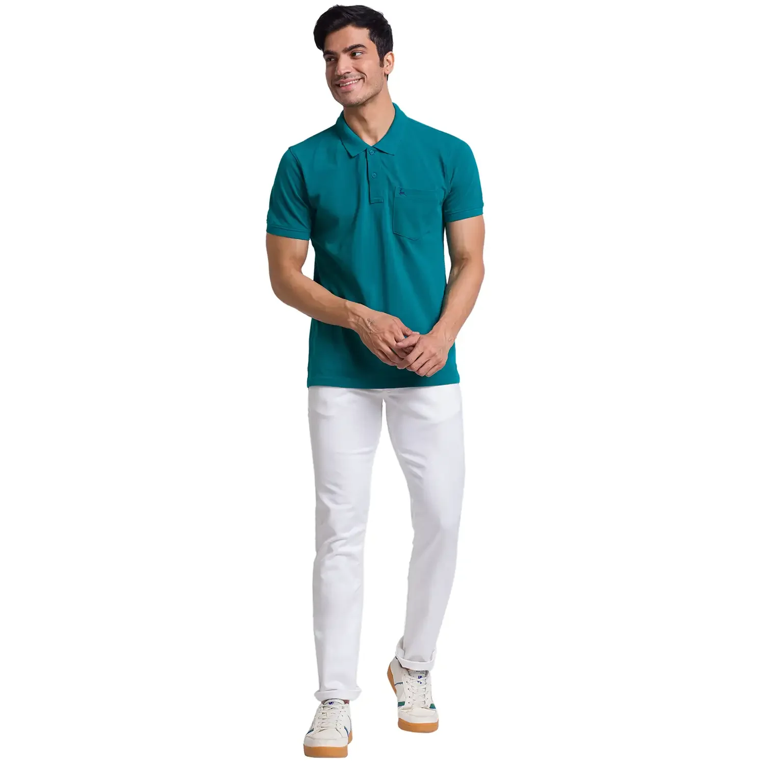 Men Green Regular Fit Solid Cotton Round Neck Collar Polo T-Shirt - Image 5