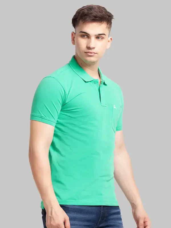 Men Green Regular Fit Solid Cotton Round Neck Collar Polo T-Shirt - Image 2