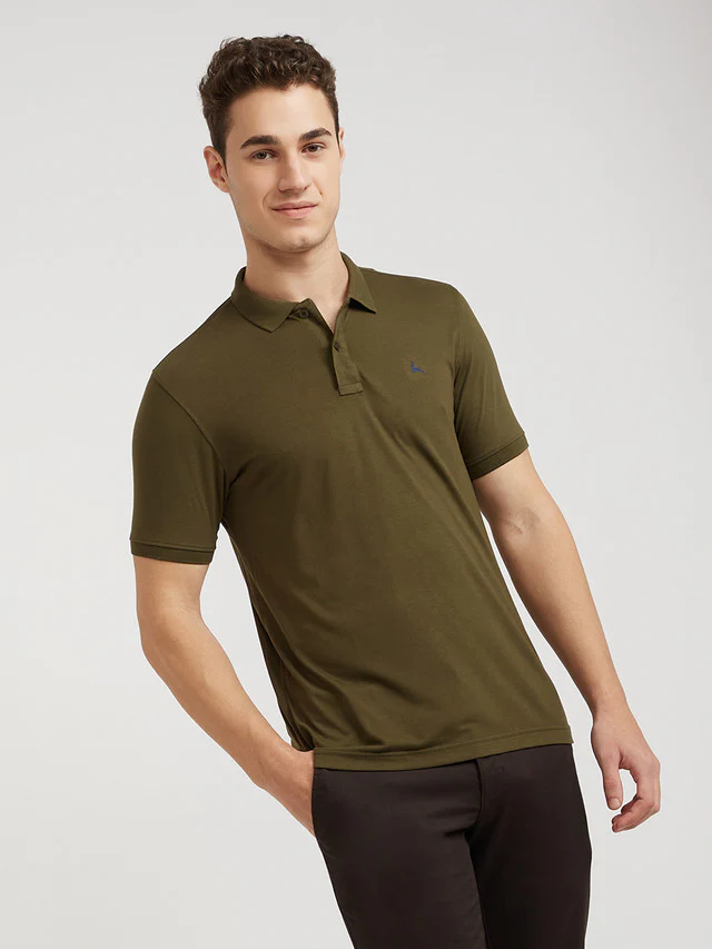Men Green Regular Fit Solid Polyester Blend Round Neck Collar Polo T-Shirt