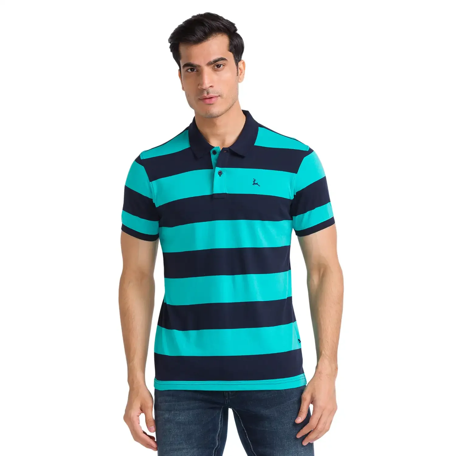 Men Green Regular Fit Stripe Cotton Round Neck Collar Polo T-Shirt