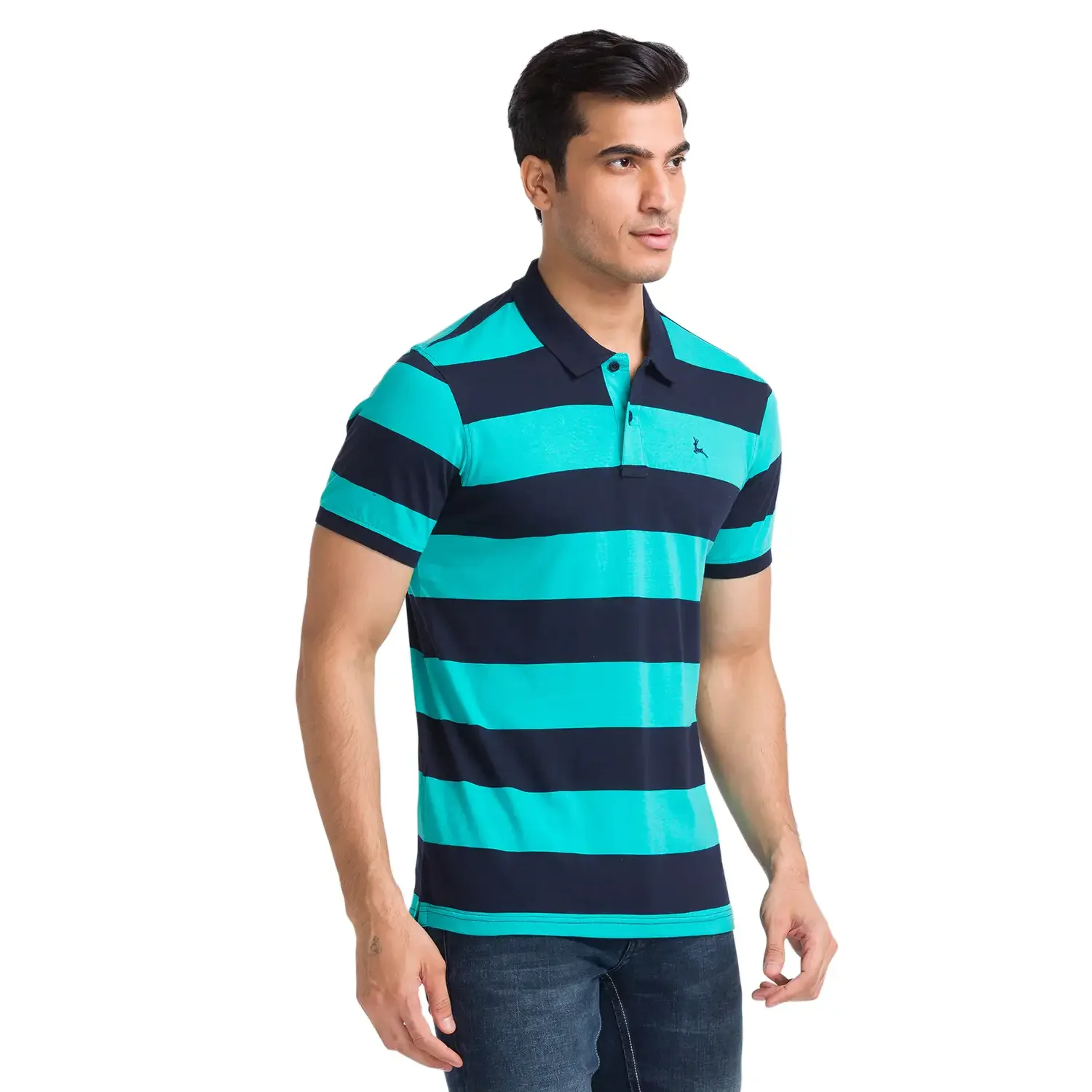 Men Green Regular Fit Stripe Cotton Round Neck Collar Polo T-Shirt - Image 2