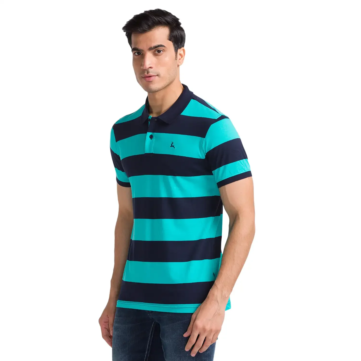 Men Green Regular Fit Stripe Cotton Round Neck Collar Polo T-Shirt - Image 3