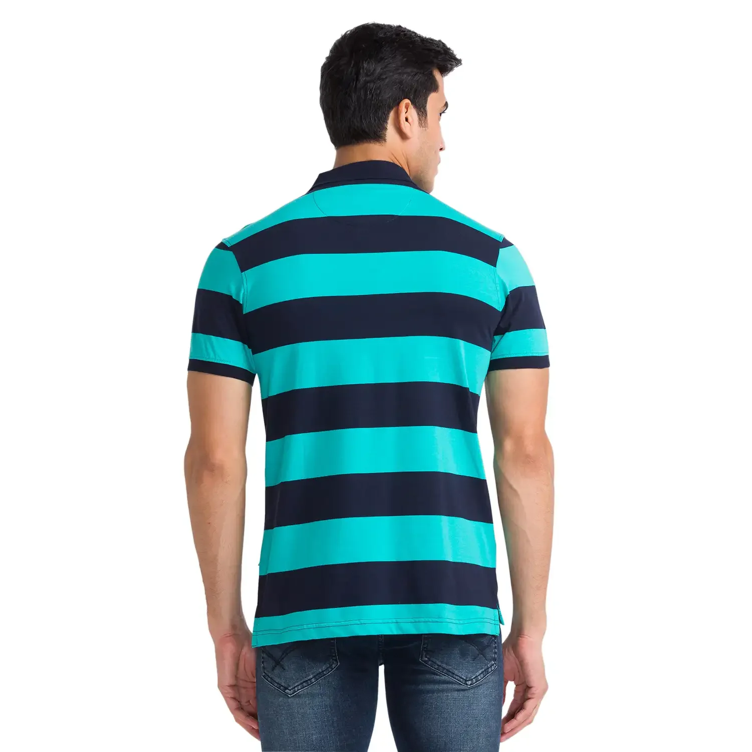 Men Green Regular Fit Stripe Cotton Round Neck Collar Polo T-Shirt - Image 4